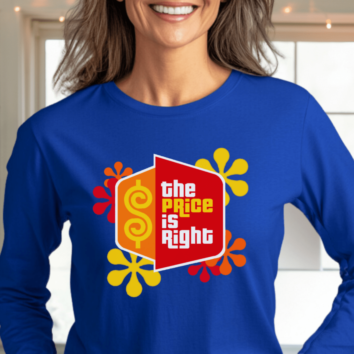 Price is Right Shirt with Retro Flowers and Logo in Short and Long Sleeve - Blue - S - Long