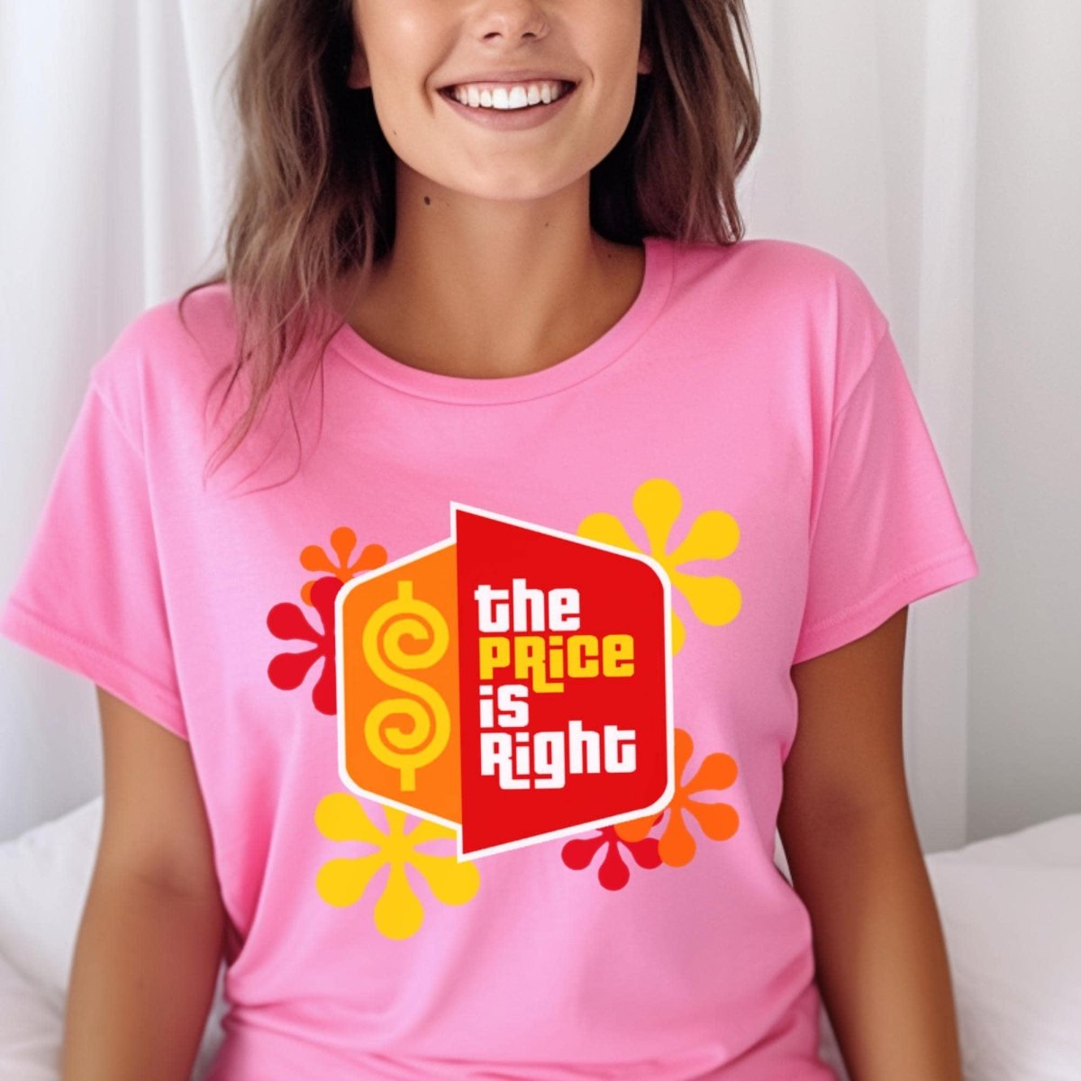 Price is Right Shirt with Retro Flowers and Logo in Short and Long Sleeve - Charity Pink - XS - Short