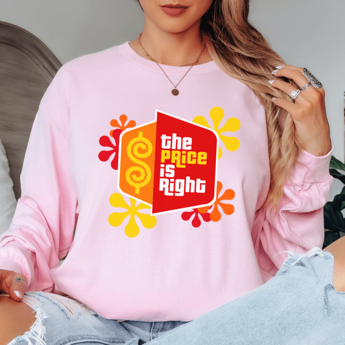 Price is Right Shirt with Retro Flowers and Logo in Short and Long Sleeve - Light Pink - S - Long