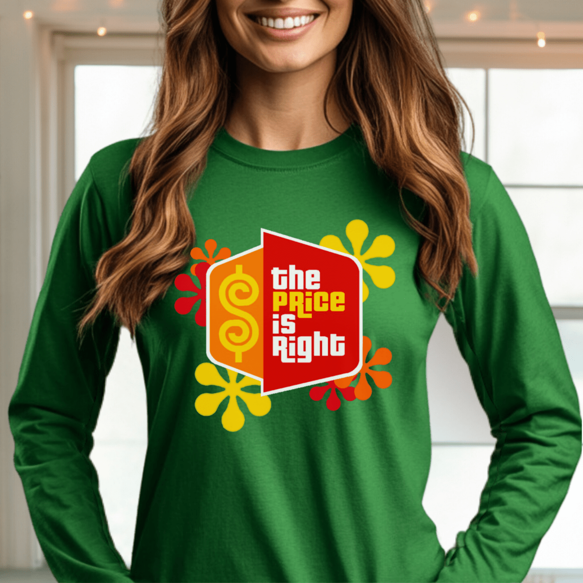 Price is Right Shirt with Retro Flowers and Logo in Short and Long Sleeve - Green - S - Long