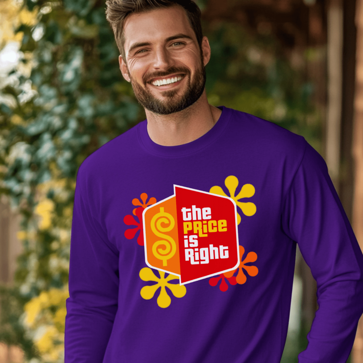 Price is Right Shirt with Retro Flowers and Logo in Short and Long Sleeve - Purple - S - Long