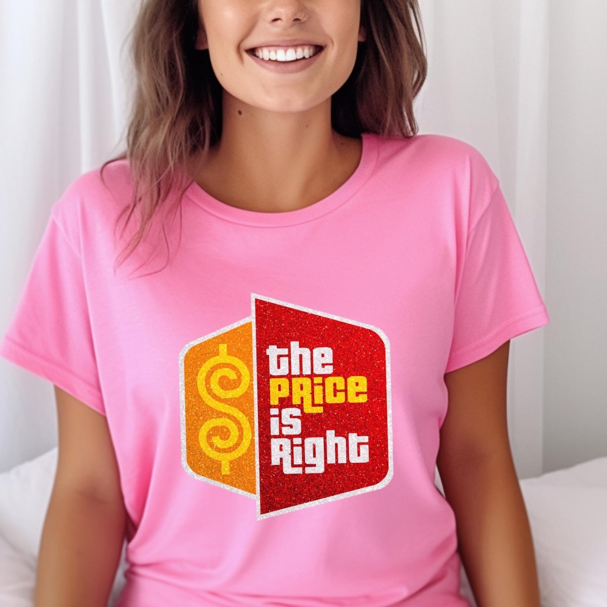 Price is Right Super Fan Shirt, Mock Glitter Logo Tee - Charity Pink - XS -