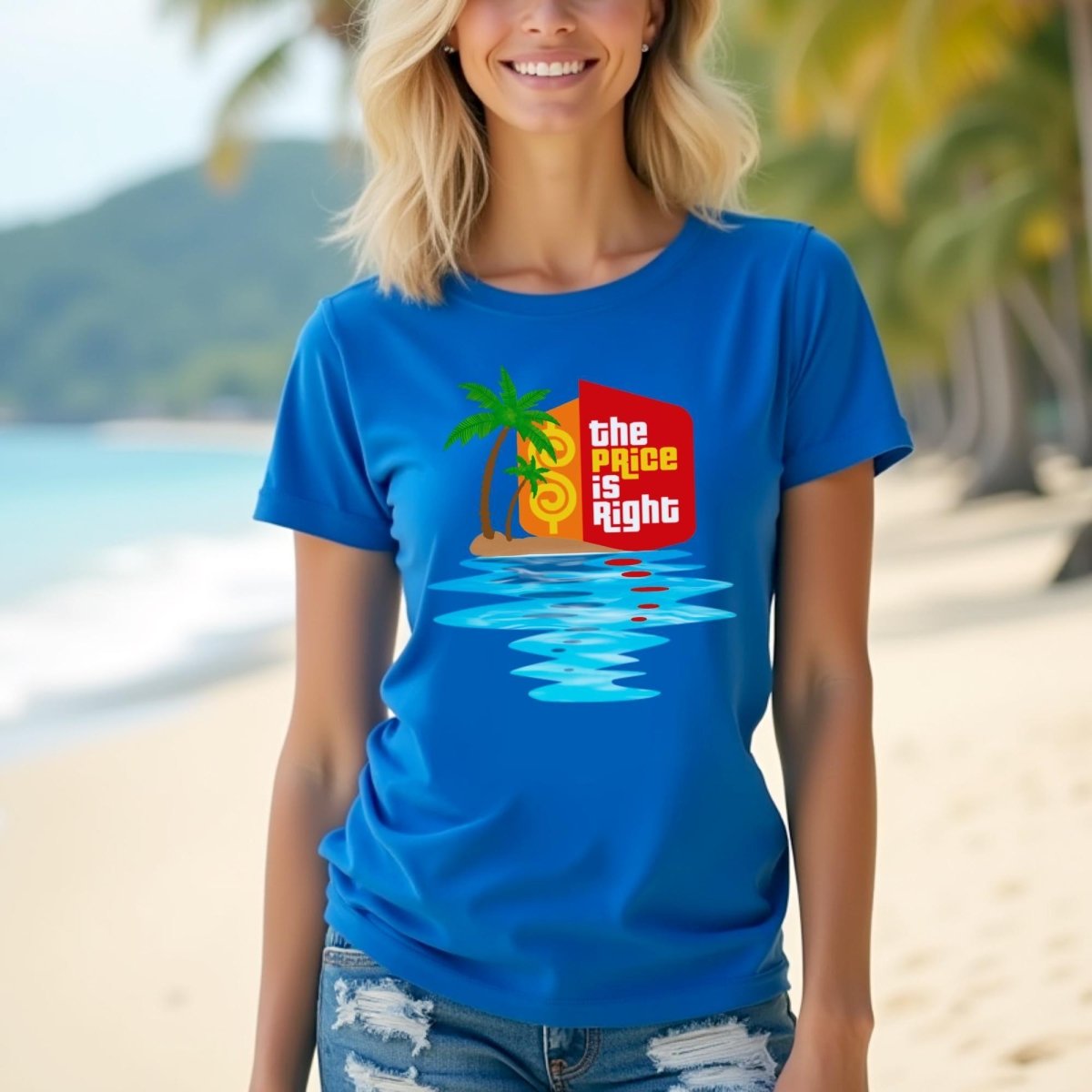 Price is Right Tropical Sunset Shirt, Beach Vacation Prize Tee, Tropical Getaway - True Royal - XS -