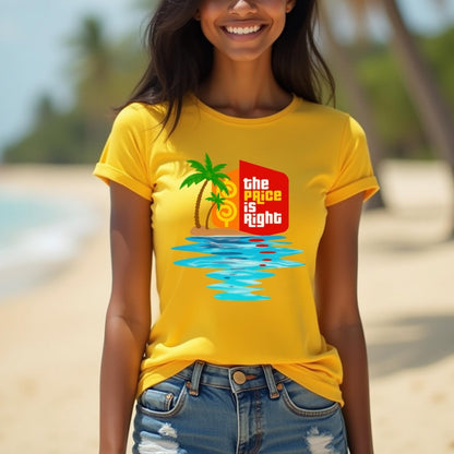 Price is Right Tropical Sunset Shirt, Beach Vacation Prize Tee, Tropical Getaway - Gold - XS -