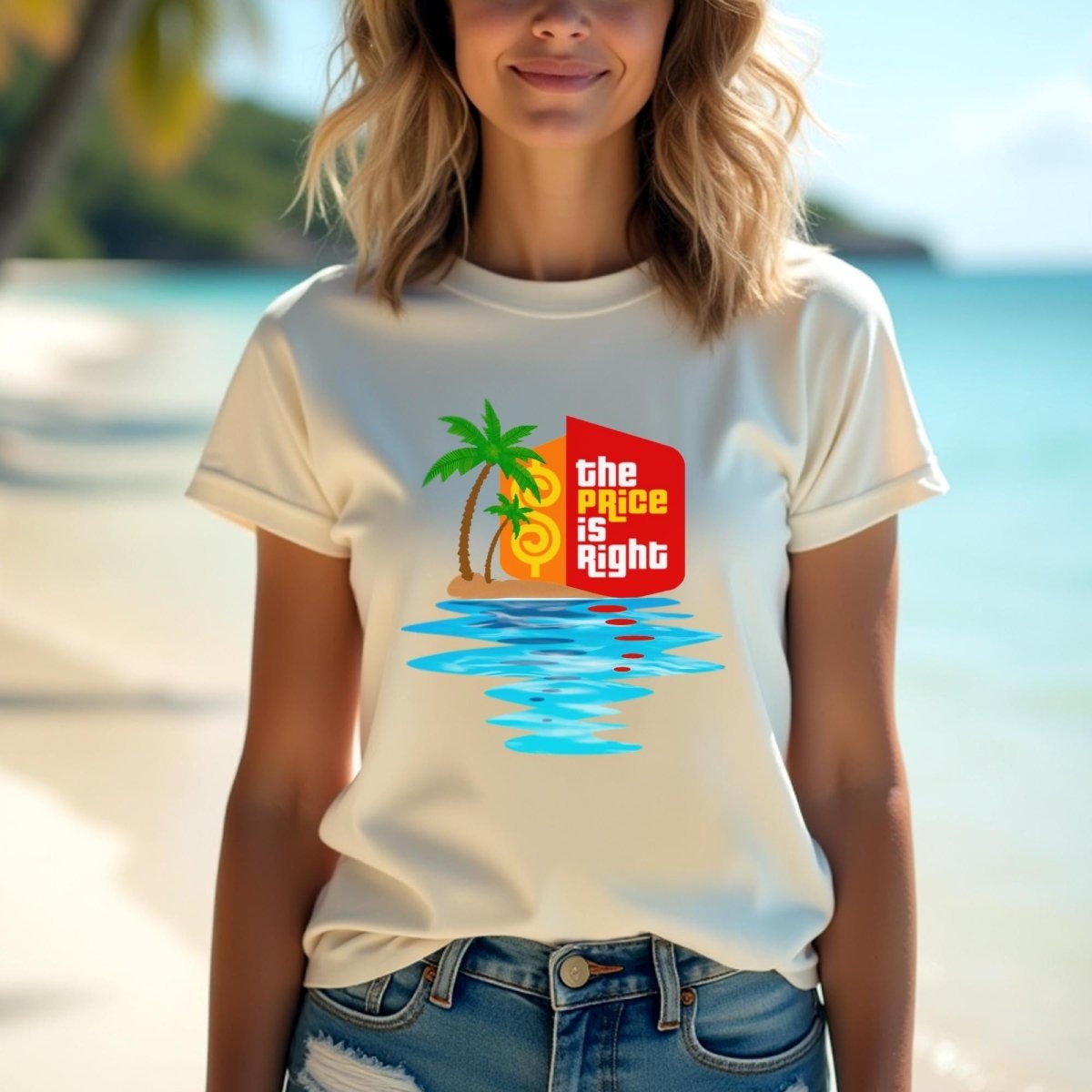 Price is Right Tropical Sunset Shirt, Beach Vacation Prize Tee, Tropical Getaway - Soft Cream - XS -
