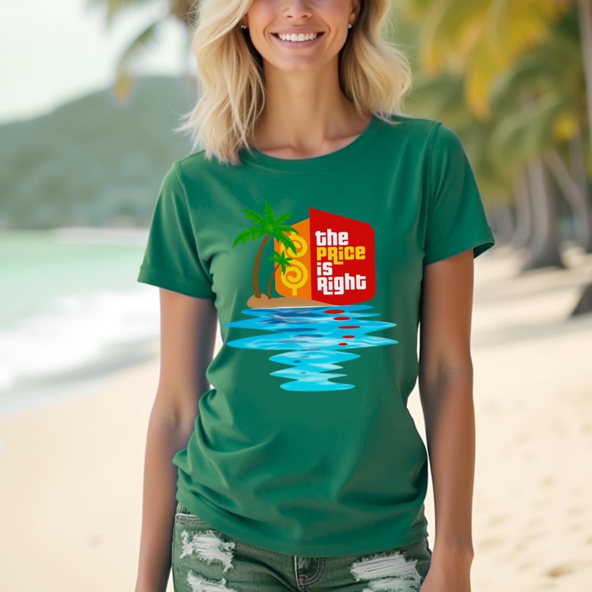 Price is Right Tropical Sunset Shirt, Beach Vacation Prize Tee, Tropical Getaway - Kelly - XS -