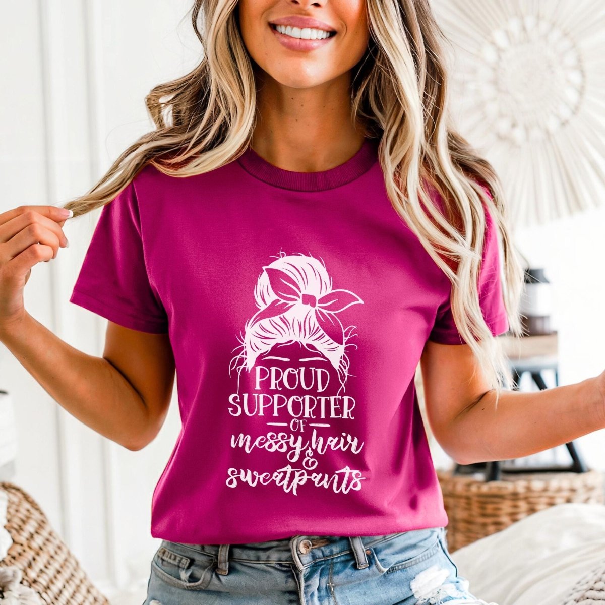 Proud Supporter of Messy Hair and Sweatpants Messy Bun Introvert Shirt, Sarcastic Nap Shirt for Scrunchy Lover - Berry - XS -