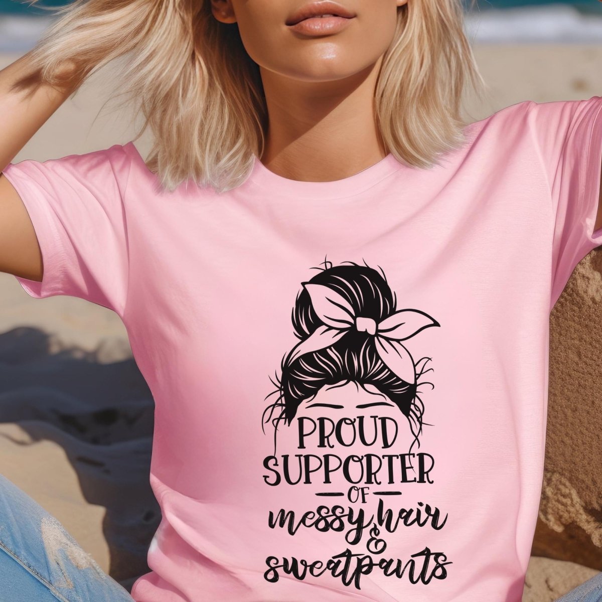 Proud Supporter of Messy Hair and Sweatpants Messy Bun Introvert Shirt, Sarcastic Nap Shirt for Scrunchy Lover - Pink - XS -