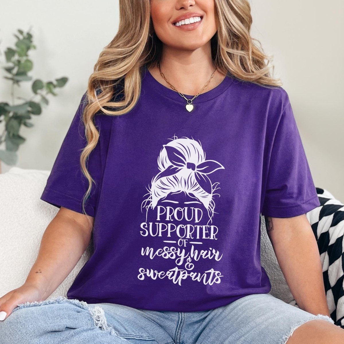 Proud Supporter of Messy Hair and Sweatpants Messy Bun Introvert Shirt, Sarcastic Nap Shirt for Scrunchy Lover - Team Purple - XS -