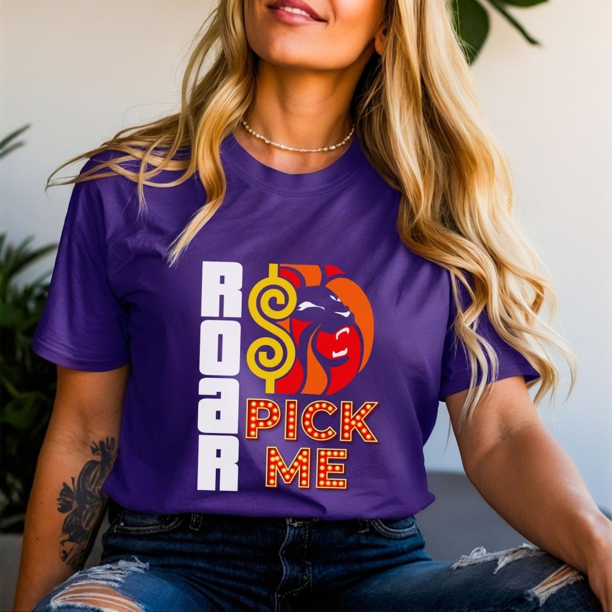 Roar Pick Me Price is Right Lion's Share Shirt, Lion Head Fan Tee, Bold Fan Gift - Team Purple - XS -
