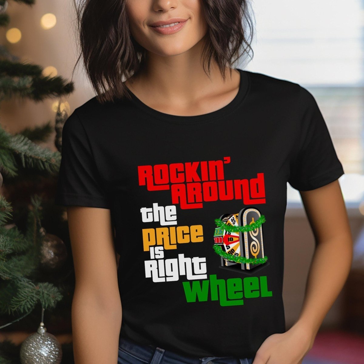 Rockin Around the Price is Right Wheel Christmas Shirt for Holiday Special - Black - XS -