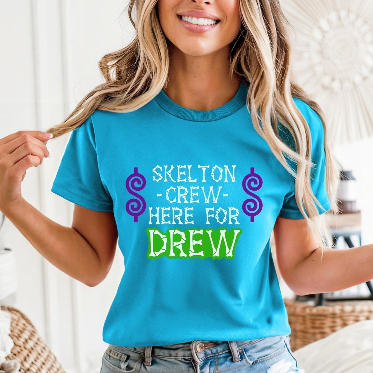 Skeleton Crew, Here for Drew Price is Right Shirt, Halloween Tee, Spooky Fan Tee - Aqua - XS -