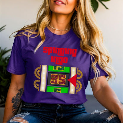 Spinning into XX Price is Right Birthday Milestone Shirt for Fans of Spinning the Big Wheel - Purple - XS - Short