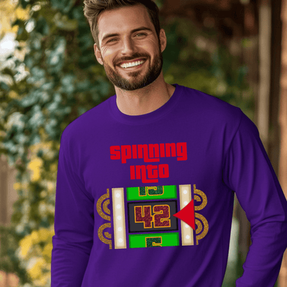 Spinning into XX Price is Right Birthday Milestone Shirt for Fans of Spinning the Big Wheel - Purple - S - Long