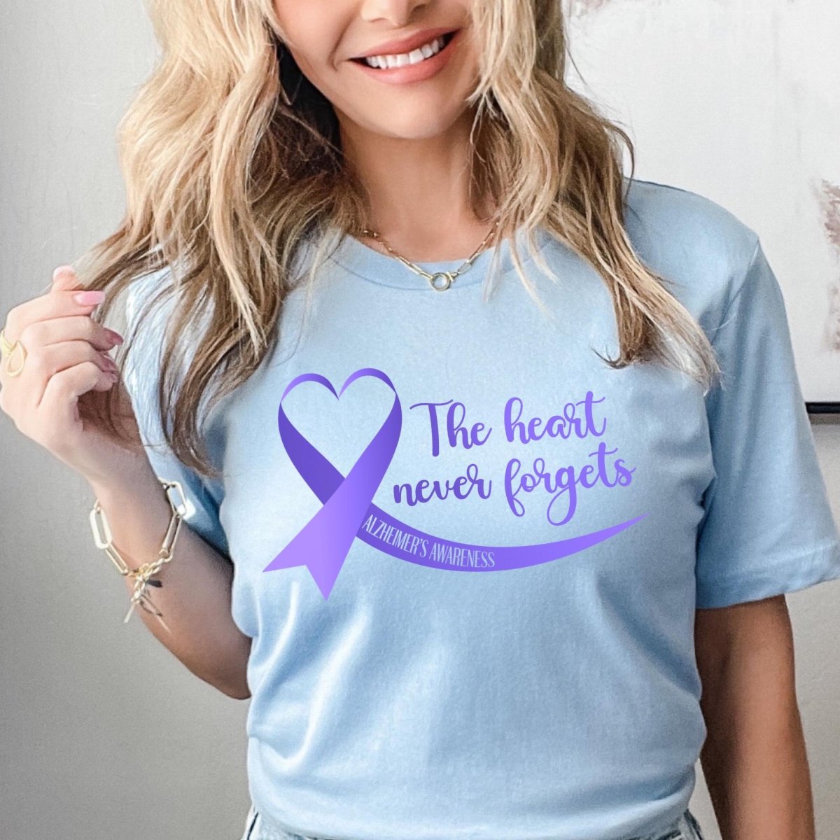 The Heart Never Forgets Alzheimer's Awareness Shirt, Purple Ribbon - Baby Blue - XS -