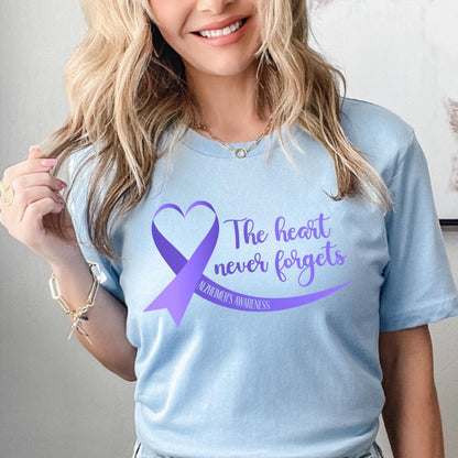The Heart Never Forgets Alzheimer's Awareness Shirt, Purple Ribbon - Baby Blue - XS -