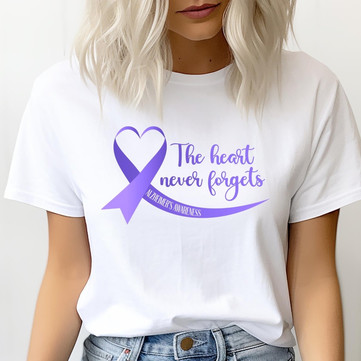 The Heart Never Forgets Alzheimer's Awareness Shirt, Purple Ribbon - White - XS -