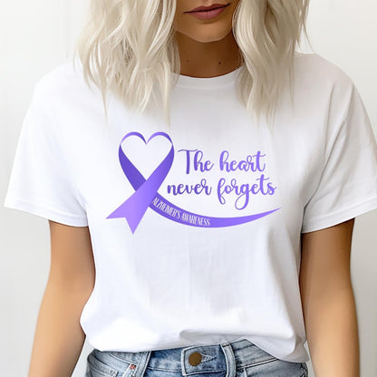 The Heart Never Forgets Alzheimer's Awareness Shirt, Purple Ribbon - White - XS -