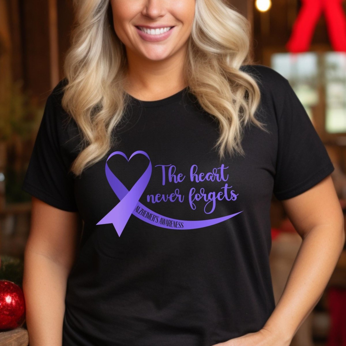 The Heart Never Forgets Alzheimer's Awareness Shirt, Purple Ribbon - Black - XS -