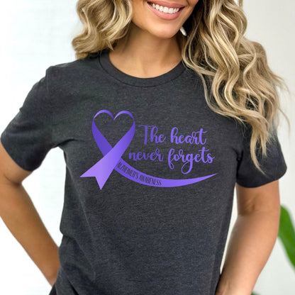 The Heart Never Forgets Alzheimer's Awareness Shirt, Purple Ribbon - Dark Grey Heather - XS -