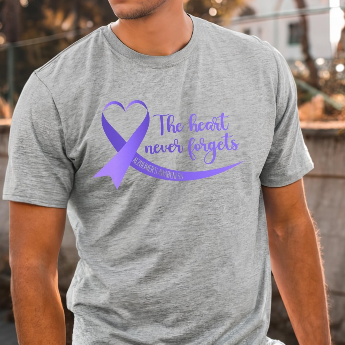The Heart Never Forgets Alzheimer's Awareness Shirt, Purple Ribbon - Athletic Heather - XS -