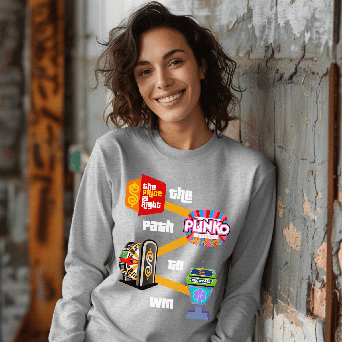 The Path to Win Price is Right Shirt, From Getting on the Show, to Playing Plinko, Spinning the BIg Wheel & Winning the Showcase - Athletic Heather Grey - S - Long