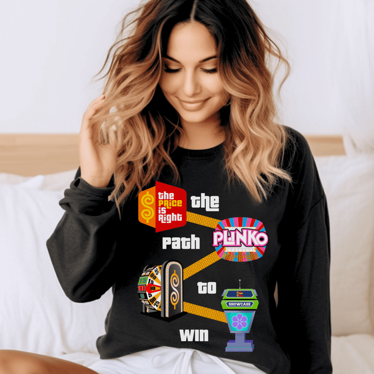 The Path to Win Price is Right Shirt, From Getting on the Show, to Playing Plinko, Spinning the BIg Wheel & Winning the Showcase - Black - S - Long