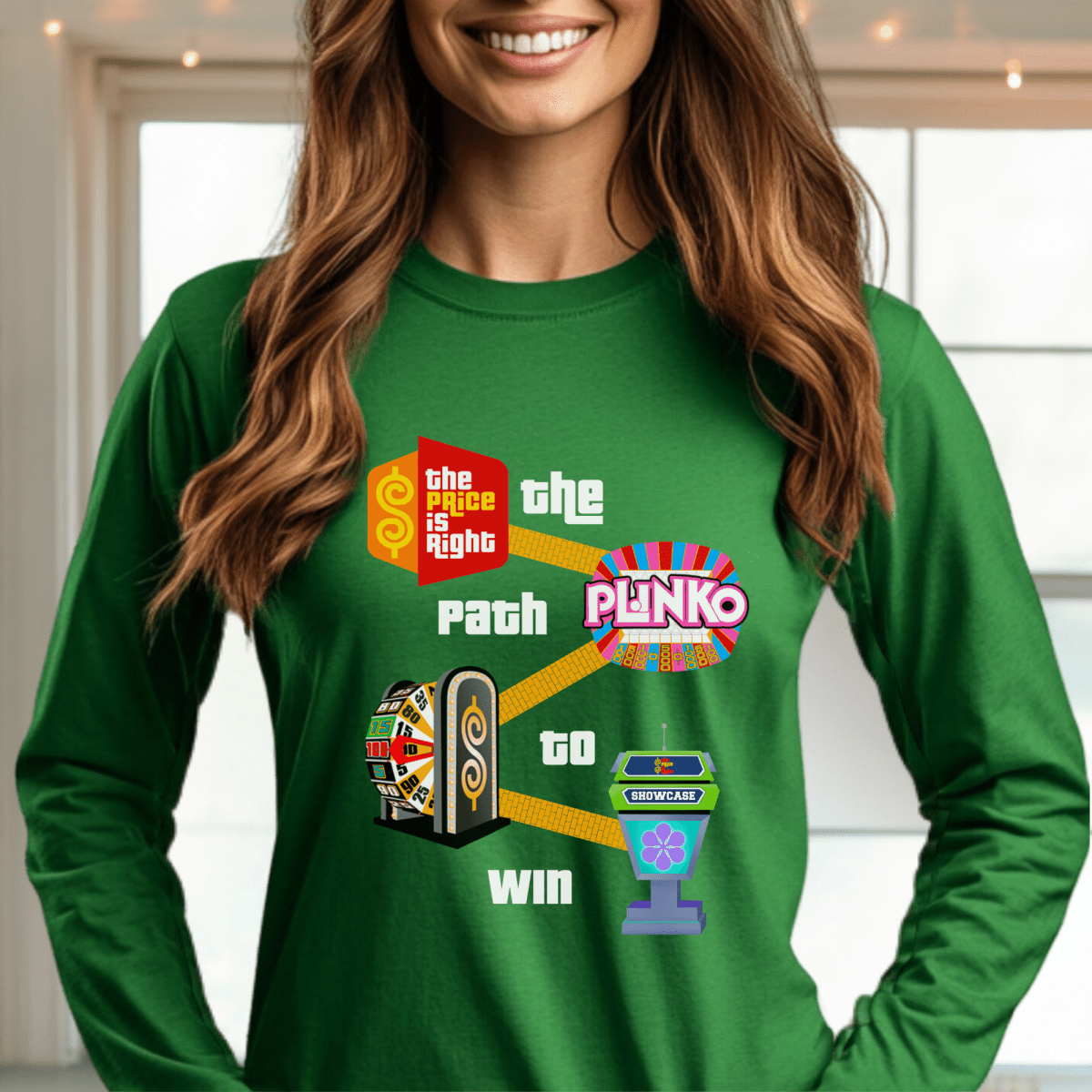 The Path to Win Price is Right Shirt, From Getting on the Show, to Playing Plinko, Spinning the BIg Wheel & Winning the Showcase - Green - S - Long