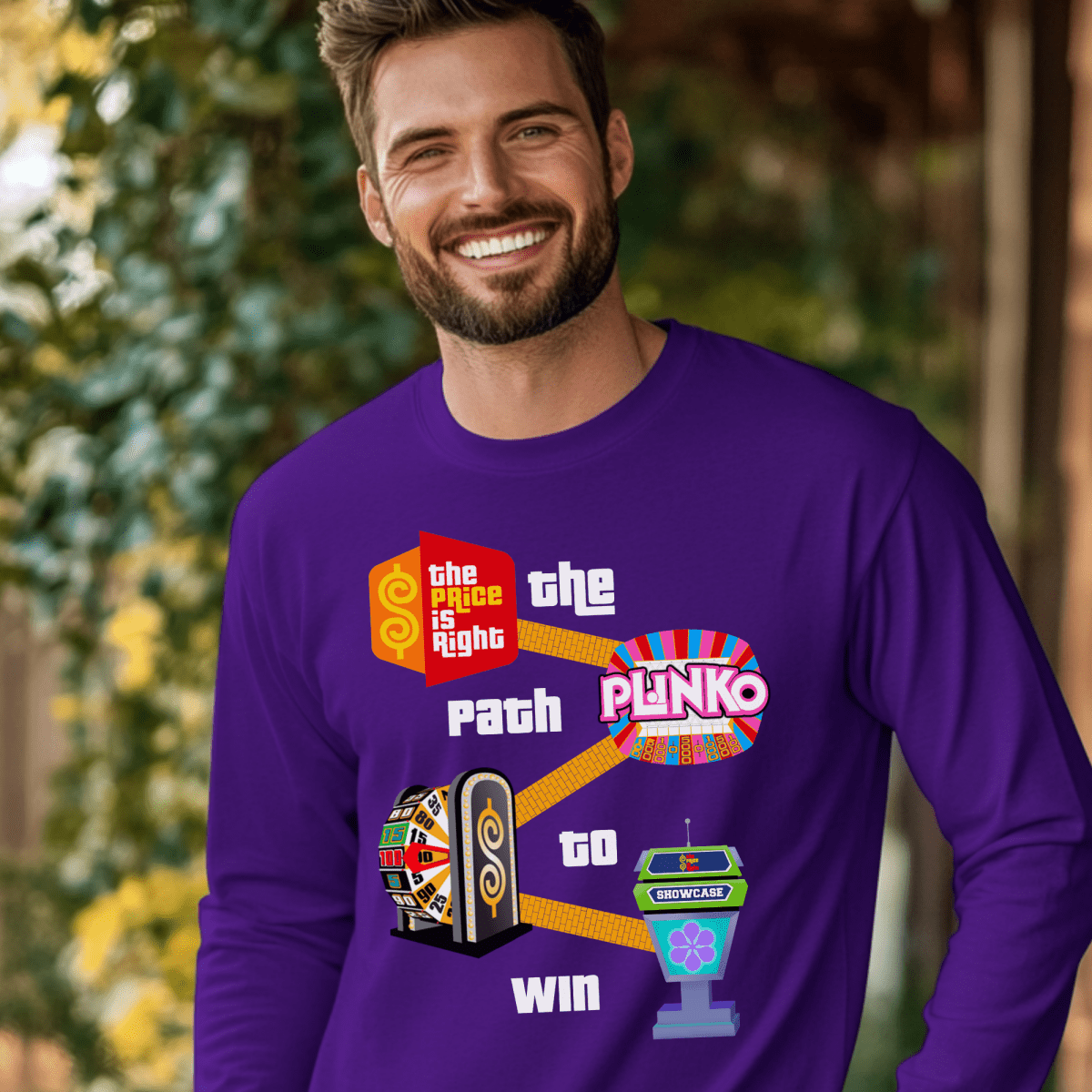 The Path to Win Price is Right Shirt, From Getting on the Show, to Playing Plinko, Spinning the BIg Wheel & Winning the Showcase - Purple - S - Long