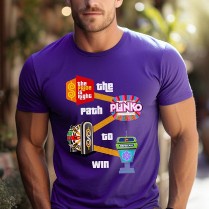 The Path to Win Price is Right Shirt, From Getting on the Show, to Playing Plinko, Spinning the BIg Wheel & Winning the Showcase - Purple - XS - Short