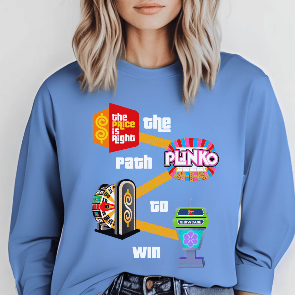 The Path to Win Price is Right Shirt, From Getting on the Show, to Playing Plinko, Spinning the BIg Wheel & Winning the Showcase - Carolina Blue - S - Long