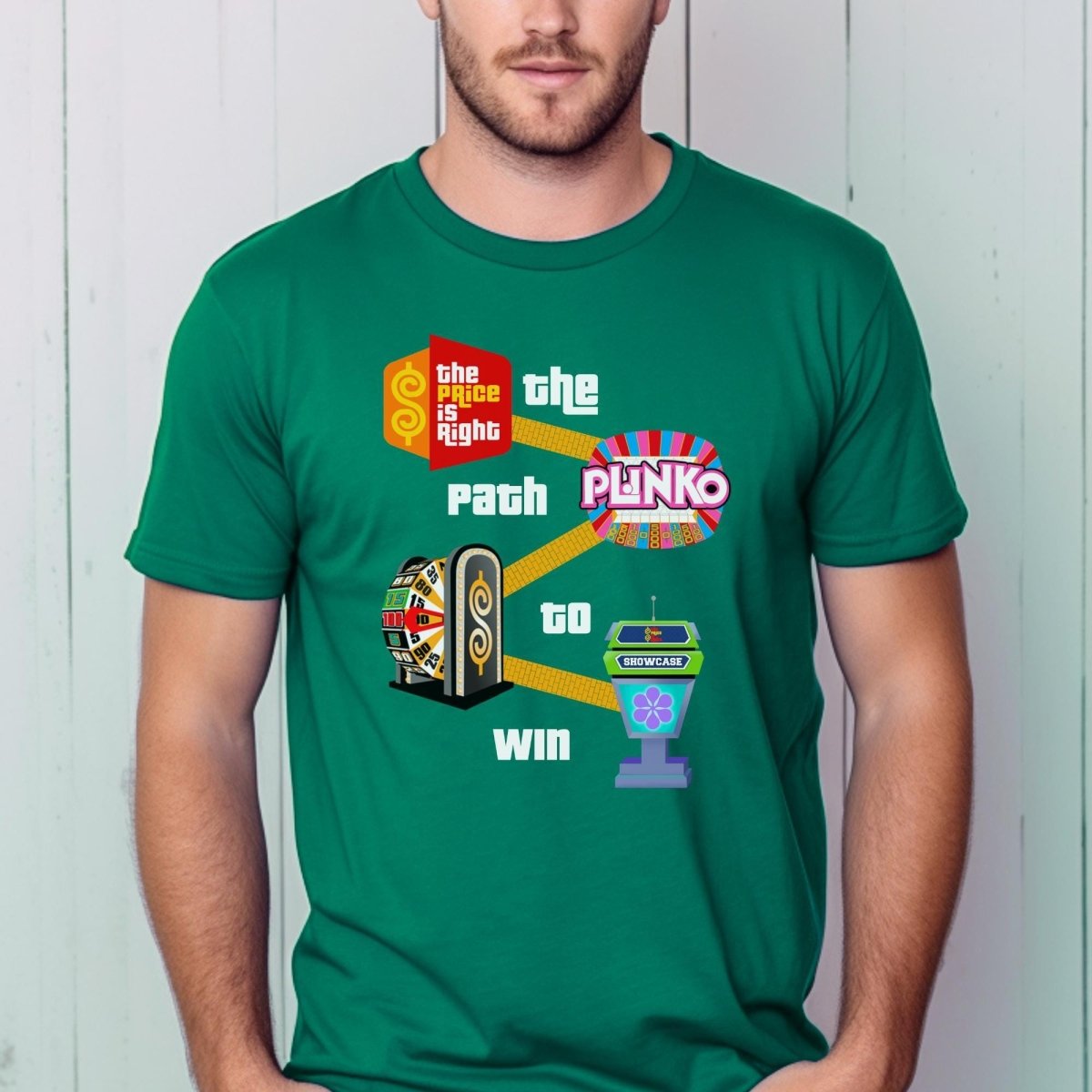The Path to Win Price is Right Shirt, From Getting on the Show, to Playing Plinko, Spinning the BIg Wheel & Winning the Showcase - Green - XS - Short