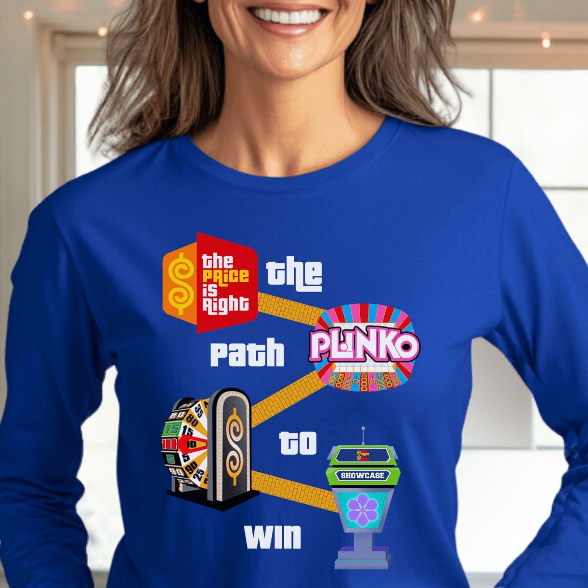 The Path to Win Price is Right Shirt, From Getting on the Show, to Playing Plinko, Spinning the BIg Wheel & Winning the Showcase - Blue - S - Long