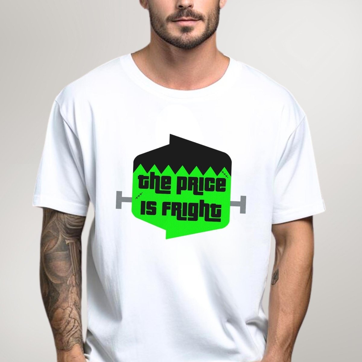 The Price is Fright Frankenstein Logo Shirt, Halloween Monster Mash Tee - White - XS -