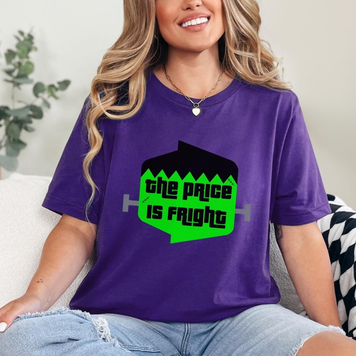 The Price is Fright Frankenstein Logo Shirt, Halloween Monster Mash Tee - Team Purple - XS -
