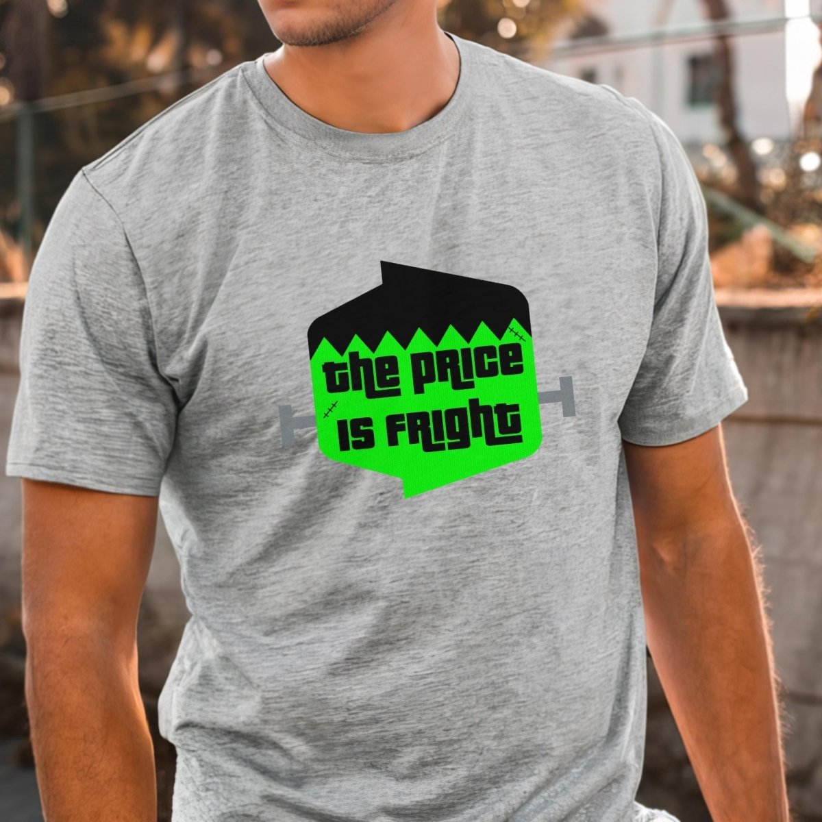 The Price is Fright Frankenstein Logo Shirt, Halloween Monster Mash Tee - Athletic Heather - XS -