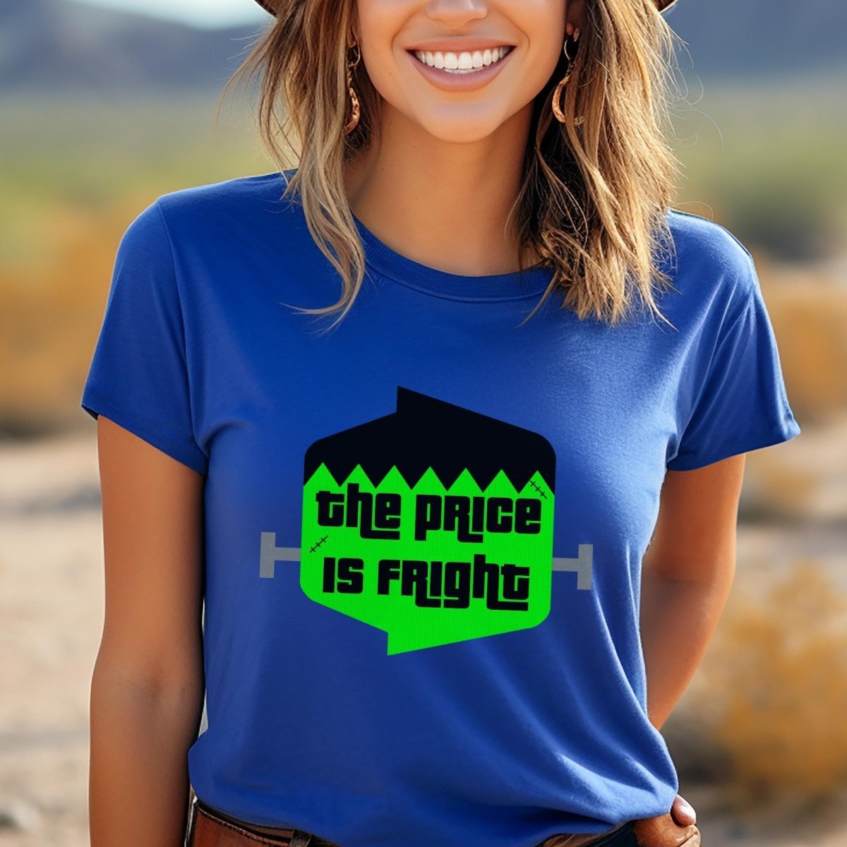 The Price is Fright Frankenstein Logo Shirt, Halloween Monster Mash Tee - True Royal - XS -