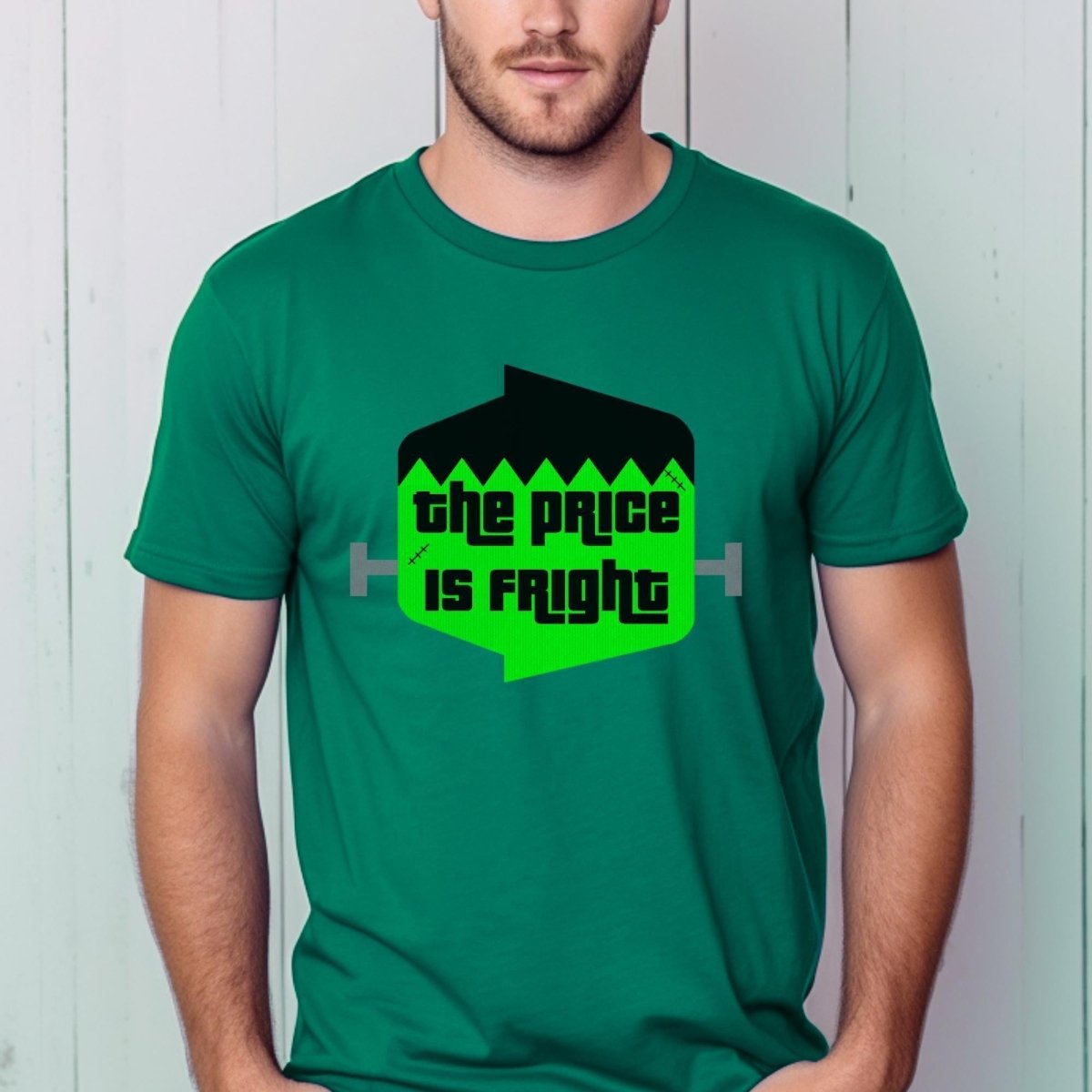The Price is Fright Frankenstein Logo Shirt, Halloween Monster Mash Tee - Kelly - XS -