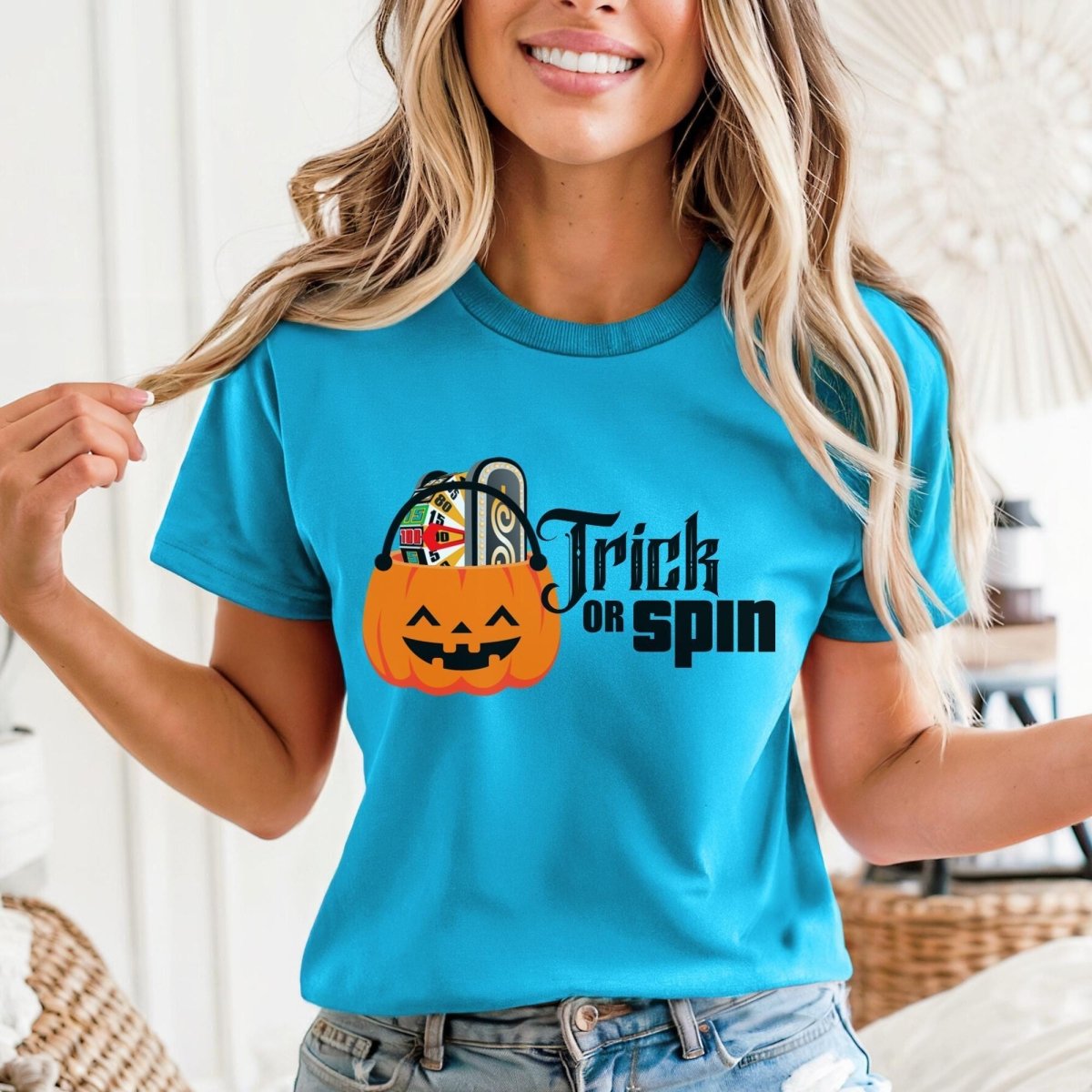 Trick or Spin Halloween Price is Right Shirt, Funny Halloween Game Show Fan Tee - Aqua - XS -