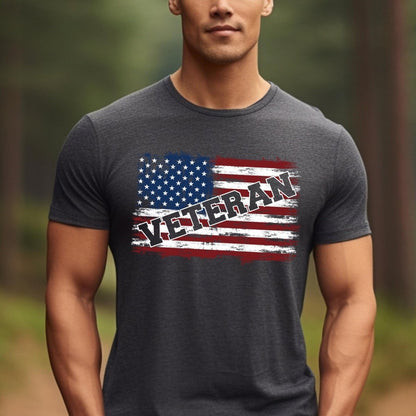 Veteran American Flag Retirement Shirt, Patriotic Military Fan Tee Gift - Dark Grey Heather - XS -