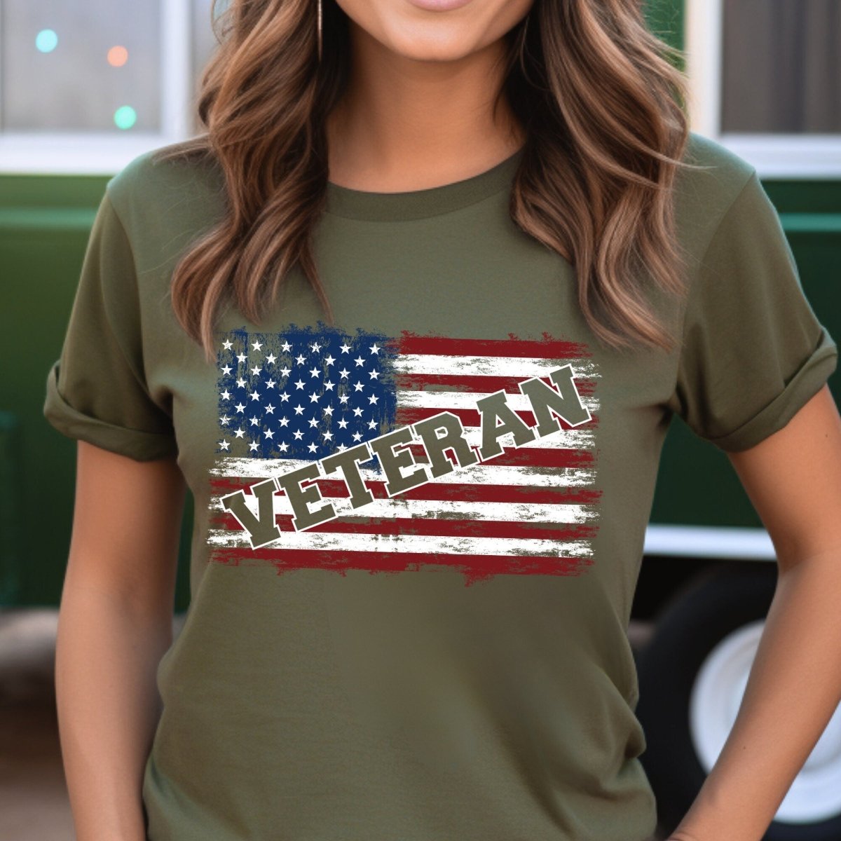 Veteran American Flag Retirement Shirt, Patriotic Military Fan Tee Gift - Military Green - XS -