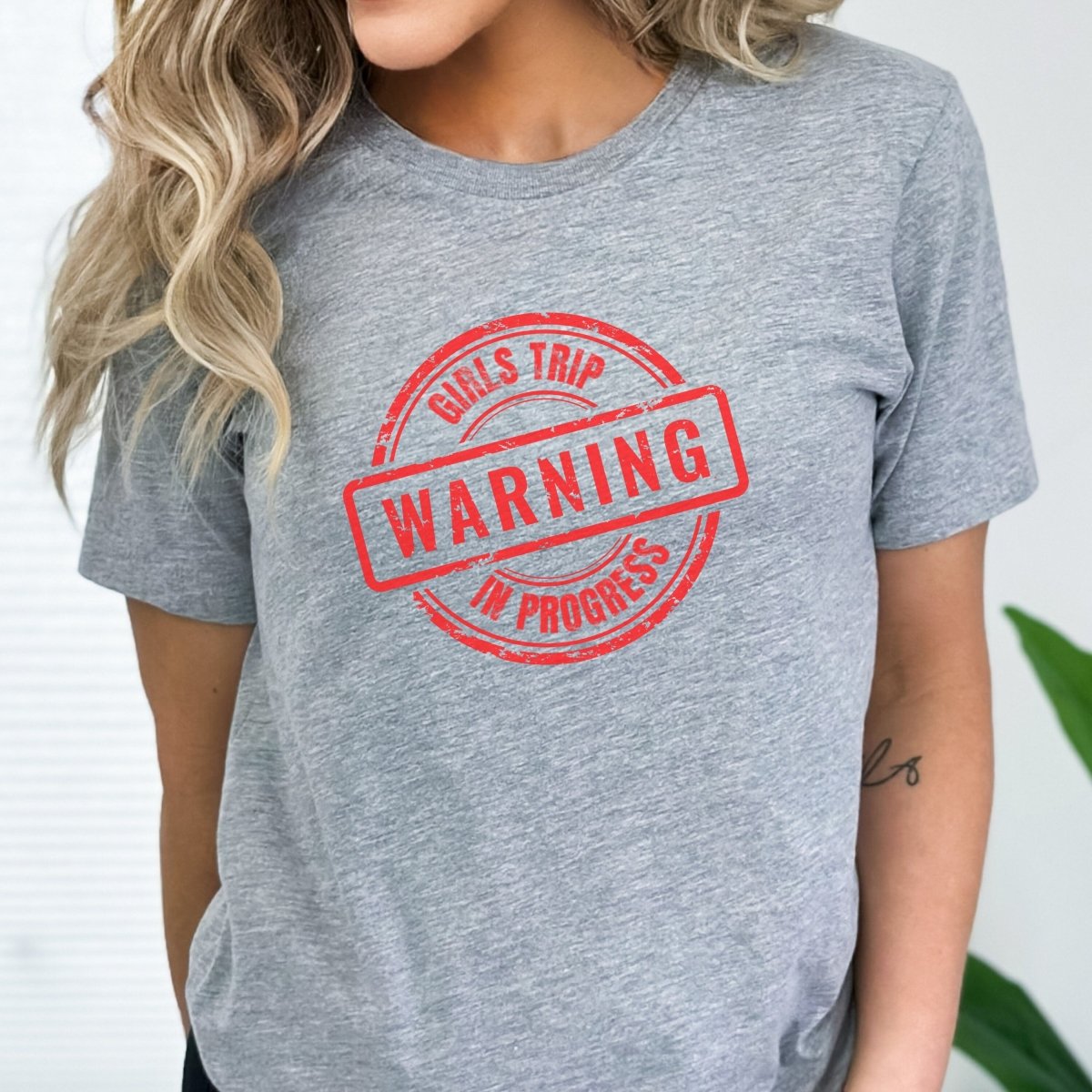 Warning Girls Trip in Progress Shirt, Bachelorette Party Group Tee - Athletic Heather - XS -