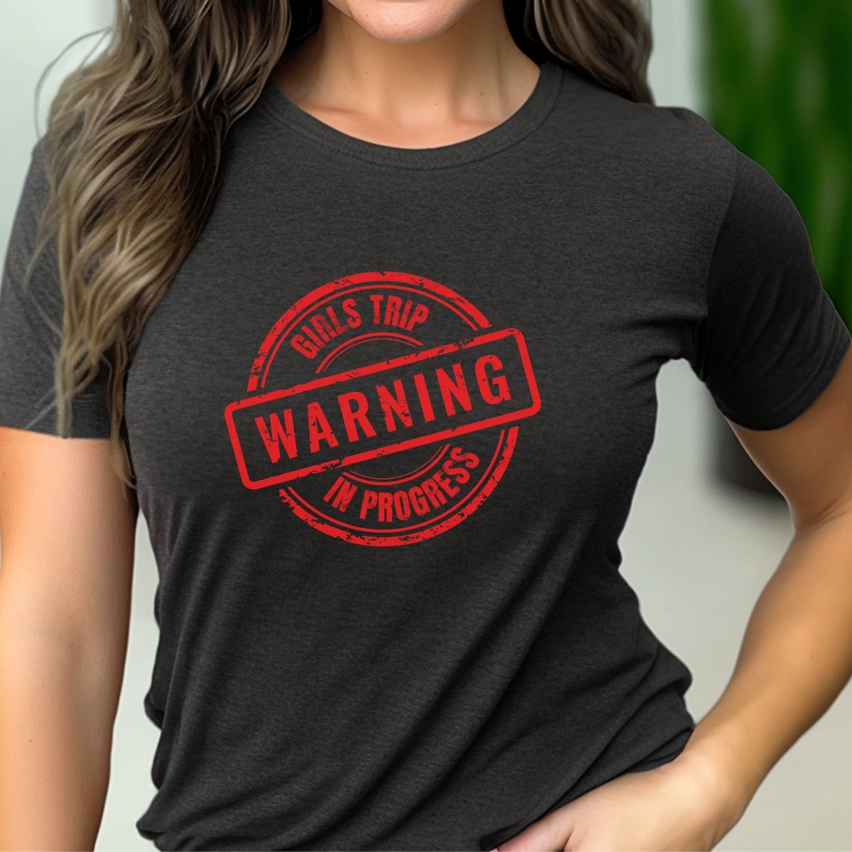Warning Girls Trip in Progress Shirt, Bachelorette Party Group Tee - Dark Grey Heather - XS -
