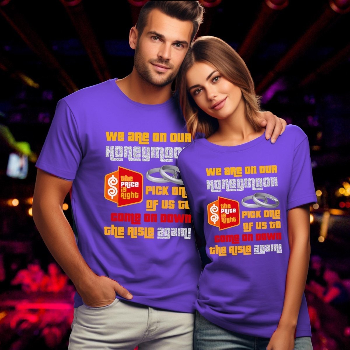 We are on our Honeymoon. Pick One of Us to Come on Down the Aisle Again Price is Right Shirt for Newly Weds - Team Purple - XS -
