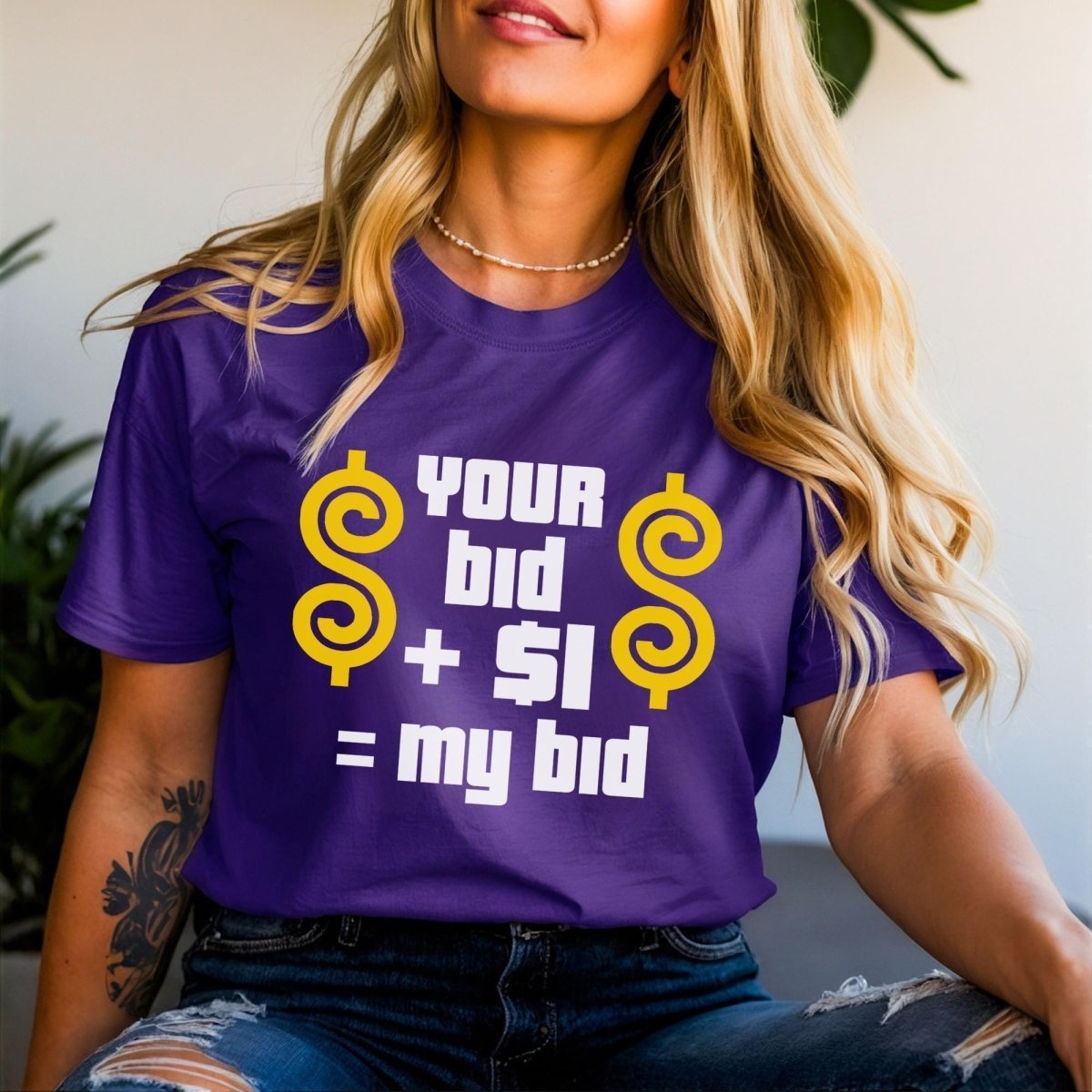 Your Bid Plus $1 Equals My Bid Price is Right Shirt, Bidding Strategy Tee - Team Purple - XS -