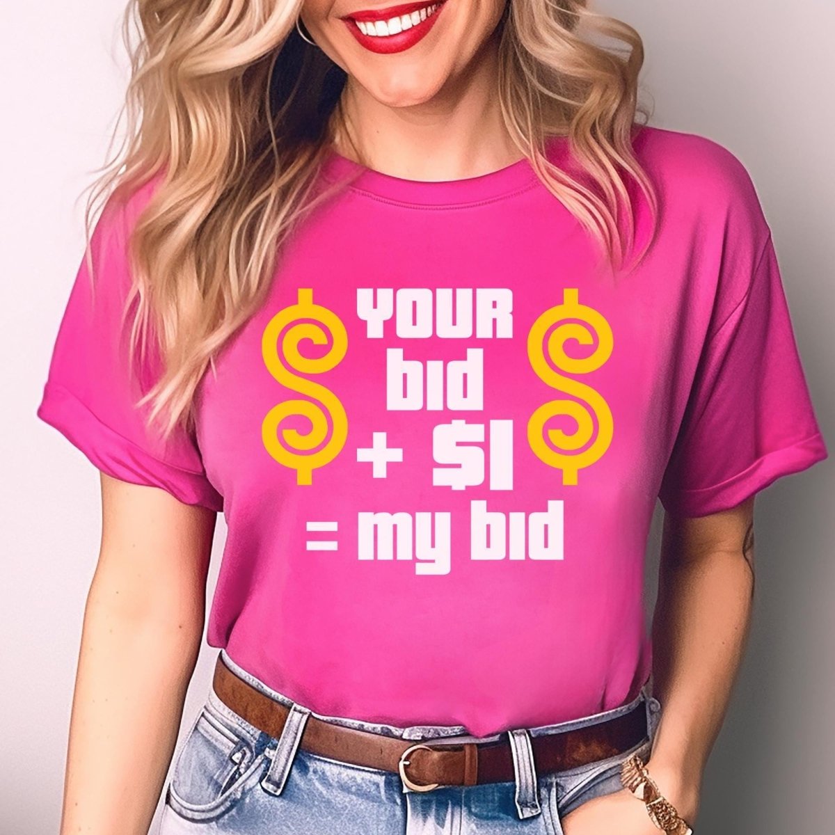 Your Bid Plus $1 Equals My Bid Price is Right Shirt, Bidding Strategy Tee - Berry - XS -